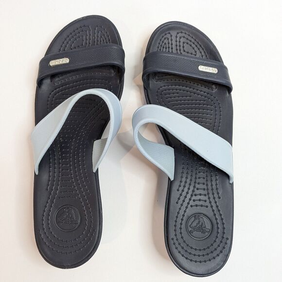 Crocs Madeira Wedge Slide Sandals Women's 9 Navy Blue Light Blue 2-Strap Comfort - Picture 5 of 14